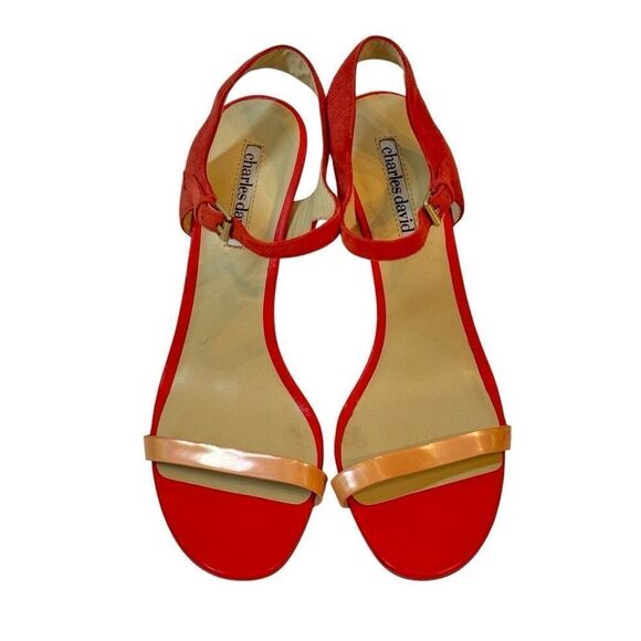 Charles David Strappy Colorblock Heels Stiletto in Red & Peach Leather 8.5 - Picture 6 of 11